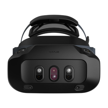 Frontalansicht der Varjo XR-4 Focal Edition (2026) VR-Brille mit drei zentralen Sensoreinheiten auf der schwarzen Frontplatte.