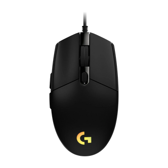 Logitech G203 LIGHTSYNC Gaming-Maus in schwarzer Frontalansicht mit Kabelanschluss, Scrollrad und beleuchtetem Logo.