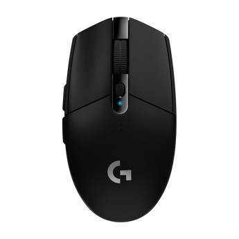 Draufsicht der schwarzen kabellosen Gaming-Maus Logitech G305 Lightspeed mit Mausrad, DPI-Taste, LED-Indikator und G-Logo auf der Oberfläche.