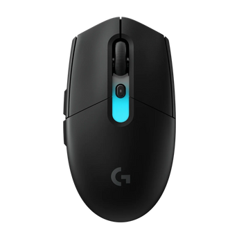 Frontalansicht der schwarzen Logitech G305 X Superlight Lightspeed Gaming-Maus mit Mausrad, DPI-Taste und blau leuchtender Anzeige auf der Oberseite.
