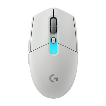 Weiße Logitech G305 X Superlight Lightspeed Gaming-Maus in der Draufsicht mit mittigem Scrollrad, DPI-Taste und leuchtender Status-LED.