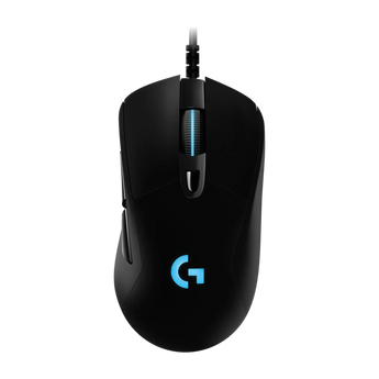 Logitech G403 Hero Gaming-Maus in einer Frontalansicht mit Kabelanschluss, beleuchtetem Mausrad und blau leuchtendem Markenlogo auf dem Rücken.