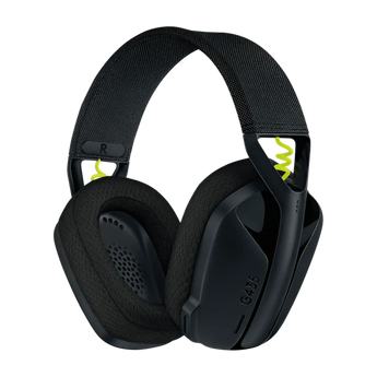 Schrägansicht von vorne auf das schwarze Logitech G435 Wireless-Headset mit textilen Ohrpolstern und markanten neongelben Verbindungskabeln.