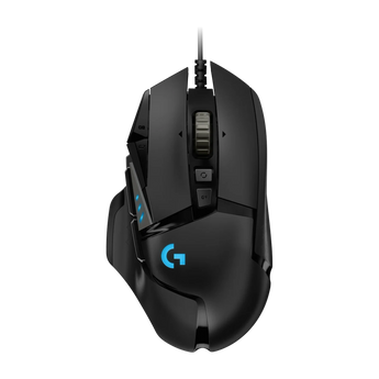 Logitech G502 Hero Gaming-Maus in der Draufsicht mit beleuchtetem Logo, seitlichen Zusatztasten und kabelgebundenem Anschluss.