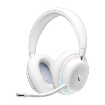 Frontalansicht des weißen Logitech G735 Wireless Gaming-Headsets mit abnehmbarem Mikrofonarm und seitlicher RGB-Beleuchtung am Ohrhörer.