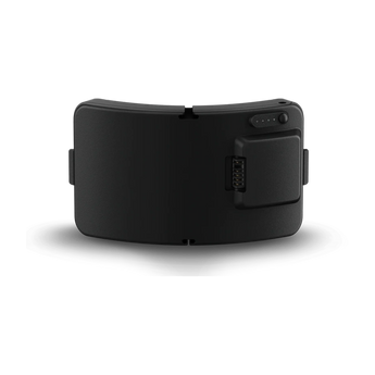 HTC VIVE Focus 3 Akku in leicht gebogener Frontalansicht mit Ladezustandsanzeige und elektrischen Anschlusskontakten auf der rechten Seite.