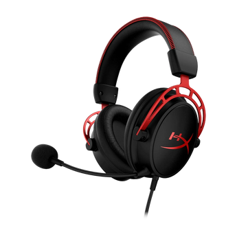 HyperX Cloud Alpha Gaming-Headset in seitlicher Schrägansicht mit schwarzem Kopfbügel, roten Metallelementen und abnehmbarem Mikrofonarm.