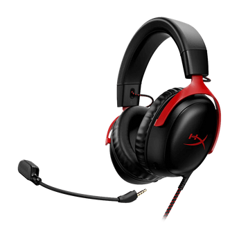 HyperX Cloud III Gaming-Headset in seitlicher Schrägansicht mit schwarzem Kopfbügel, roten Akzenten und abnehmbarem Mikrofon an einem Kabel.