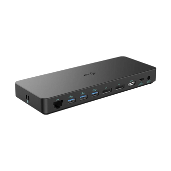 Schrägansicht der i-tec C31TRIPLEDOCKPDPRO2 Dockingstation mit sichtbaren LAN-, USB-, DisplayPort-, HDMI- und Stromanschlüssen auf der Rückseite.