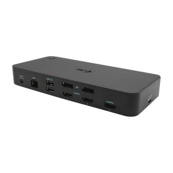 Schrägansicht der i-tec CATRIPLEDOCKPDPRO Dockingstation von der Rückseite mit Anschlüssen für Strom, LAN, USB 3.0, DisplayPort und drei HDMI-Ports.