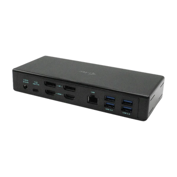 Schrägansicht der i-tec C31QUATTRODOCKPD Dockingstation mit Fokus auf die Rückseite mit Stromanschluss, USB-C PD, DisplayPort, HDMI, LAN und USB 3.0.