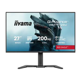 Frontalansicht des iiyama RED EAGLE GB2771QSU-B1 Gaming-Monitors mit 27 Zoll Bildschirm, Standfuß und technischer Beschriftung auf dem Display.