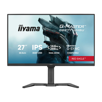 Frontalansicht des iiyama RED EAGLE GB2771UHSU-B1 Monitors mit schmalem Rahmen, Standfuß und eingeblendeten technischen Spezifikationen auf dem Display.