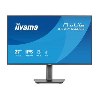 Frontalansicht des iiyama ProLite XB2796QSC-B1 Monitors mit schwarzem Standfuß und eingeschaltetem Display samt Produktinformationen.