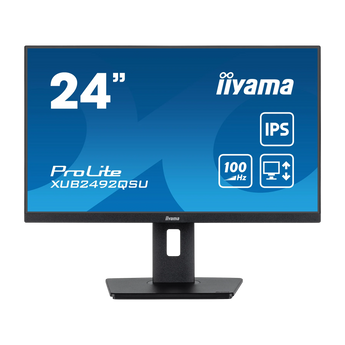 Frontalansicht des iiyama ProLite XUB2492QSU-B1 Monitors mit schmalem Rahmen, höhenverstellbarem Standfuß und eingeschaltetem Display mit Infografik.