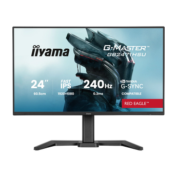Frontalansicht des 24 Zoll iiyama G-MASTER GB2471HSU-B Gaming-Monitors mit schmalem Rahmen und Standfuß sowie eingeblendeten technischen Daten.