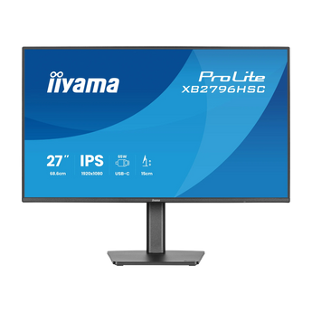 Frontalansicht des iiyama ProLite XB2796HSC-B1 Monitors mit schmalem Rahmen und schwarzem Standfuß auf einer flachen Basis.