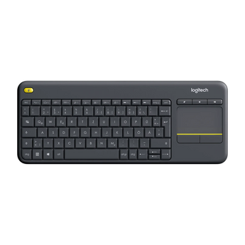Frontalansicht der grauen Logitech K400 Plus Tastatur mit integriertem Touchpad auf der rechten Seite und gelben Akzenten.