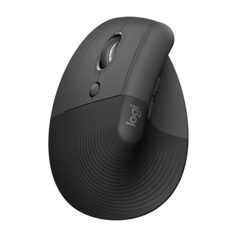 Schrägansicht der vertikalen ergonomischen Logitech Lift Left Maus in Graphit mit Tasten, Scrollrad und texturierter Daumenauflage.