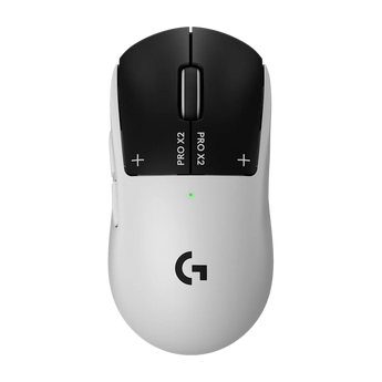 Draufsicht der weißen Logitech G Pro X2 SUPERSTRIKE Gaming-Maus mit schwarzer Tastenoberfläche, zentralem Mausrad und grünem Status-LED-Licht.