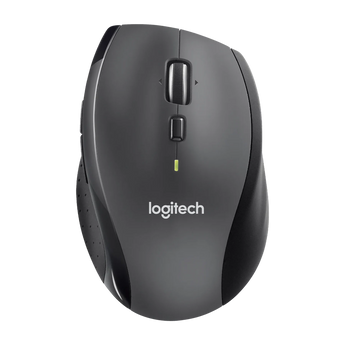 Draufsicht der kabellosen Logitech M705 Maus mit Scrollrad, Funktionstasten und zentraler LED-Statusanzeige auf dem dunkelgrauen Gehäuse.