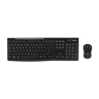 Draufsicht auf das kabellose Logitech MK270 Tastatur- und Maus-Set mit schwarzem Layout im QWERTZ-Format.