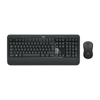 Frontalansicht des Logitech MK540 Advanced Sets mit schwarzer Tastatur inklusive Handballenauflage und passender Funkmaus.