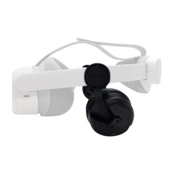 Modicap Soundkit für PICO 4 in seitlicher Ansicht, montiert am weißen Kopfband der VR-Brille mit einem schwarzen On-Ear-Kopfhörer.