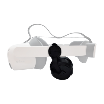 Modicap Soundkit für PICO Neo 3 in seitlicher Ansicht, montiert am weißen Kopfband der Virtual-Reality-Brille mit einem schwarzen Kopfhörer.