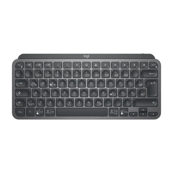 Draufsicht der kabellosen Logitech MX Keys Mini Tastatur mit dunklem Tastenlayout und deutschem QWERTZ-Tastenfeld.