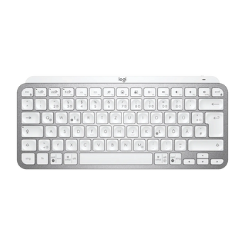 Logitech MX Keys Mini Kompakt-Tastatur in der hellgrauen Ausführung mit deutschem QWERTZ-Tastenlayout in der direkten Draufsicht.