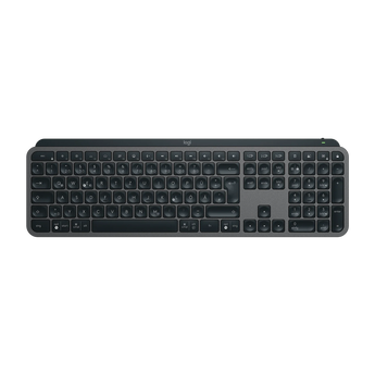 Draufsicht auf die graue Logitech MX Keys S Tastatur im QWERTZ-Layout mit integriertem Nummernblock und flachen Tasten.