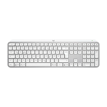 Frontalansicht der hellgrauen Logitech MX Keys S Tastatur mit deutschem QWERTZ-Layout und flachem Tastenprofil.