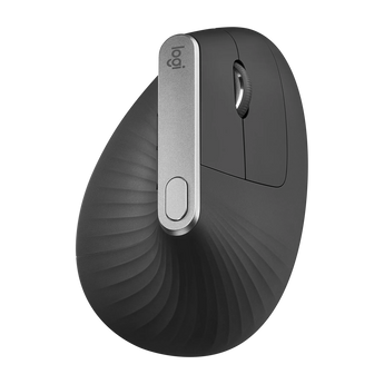 Logitech MX Vertical in seitlicher Schrägansicht mit geriffelter Oberfläche, silberner Leiste und Mausrad.
