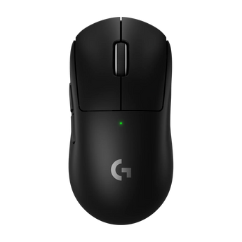 Draufsicht der schwarzen kabellosen Gaming-Maus Logitech G Pro X Superlight 2 mit mittigem Mausrad und leuchtender Status-LED.