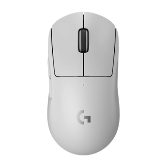 Weiße kabellose Gaming-Maus Logitech G Pro X Superlight 2 in der direkten Draufsicht mit zwei Haupttasten, Scrollrad und G-Logo.