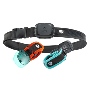 Rebuff Reality TrackStraps für VIVE Ultimate Tracker bestehend aus einem schwarzen Hauptgurt sowie zwei kleineren orangefarbenen und türkisblauen Bändern.