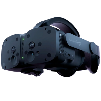 Schrägansicht der schwarzen Somnium VR1 Ultimate Edition mit zwei Frontkameras, seitlichem Logo-Schriftzug und sichtbaren Anschlüssen.