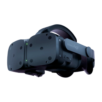 Somnium VR1 Visionary Edition in seitlicher Schrägansicht mit sichtbarem Branding am Kopfband, seitlichen Anschlüssen und grünen Status-LEDs.