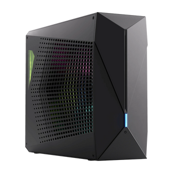 Schrägansicht der schwarzen XMG OASIS (Mk2-V4) mit seitlichem Lüftungsgitter, farbiger Innenbeleuchtung und blau leuchtender Power-Taste vorne.