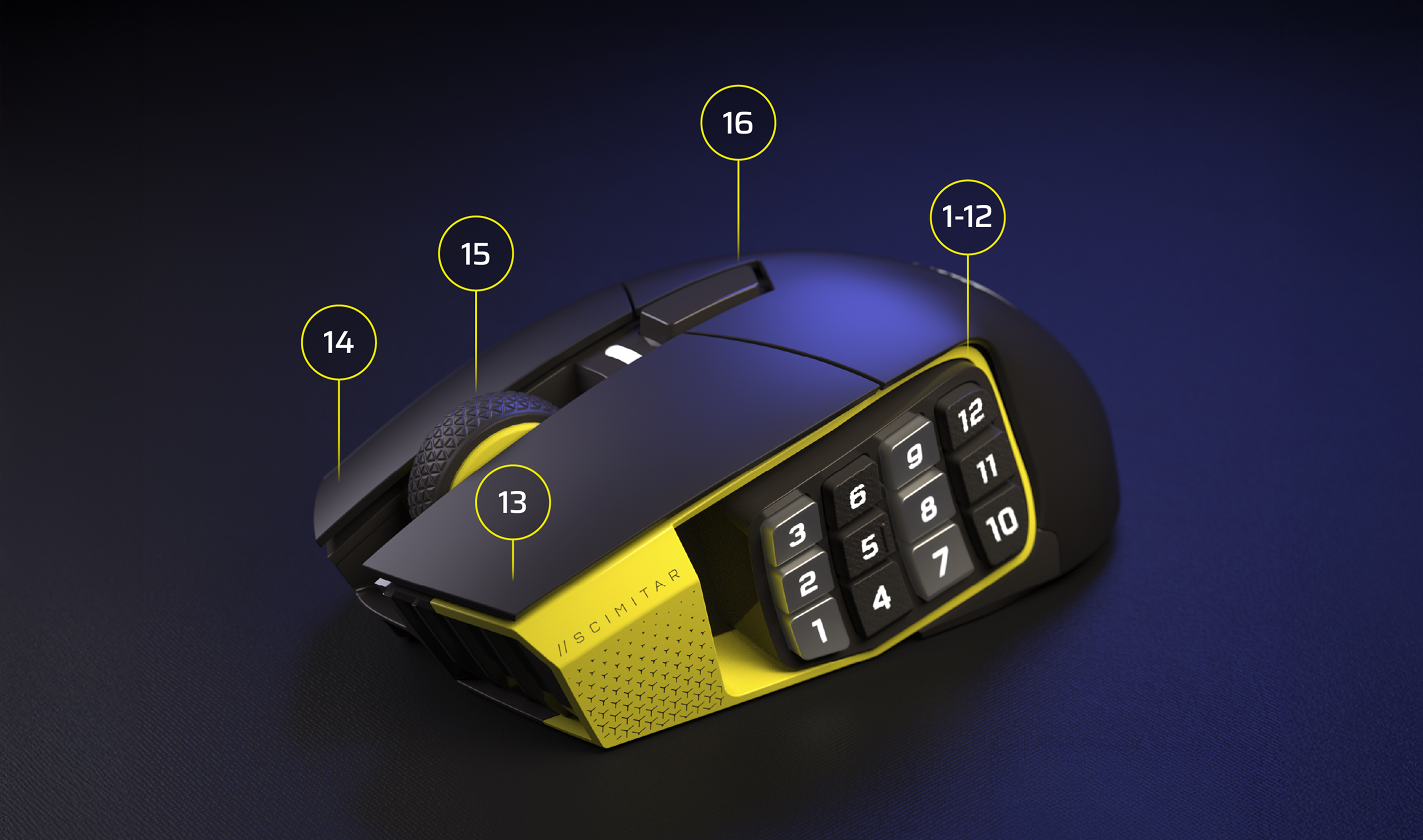 Gaming-Maus Scimitar mit nummerierten Tasten und gelben Akzenten im Detail.