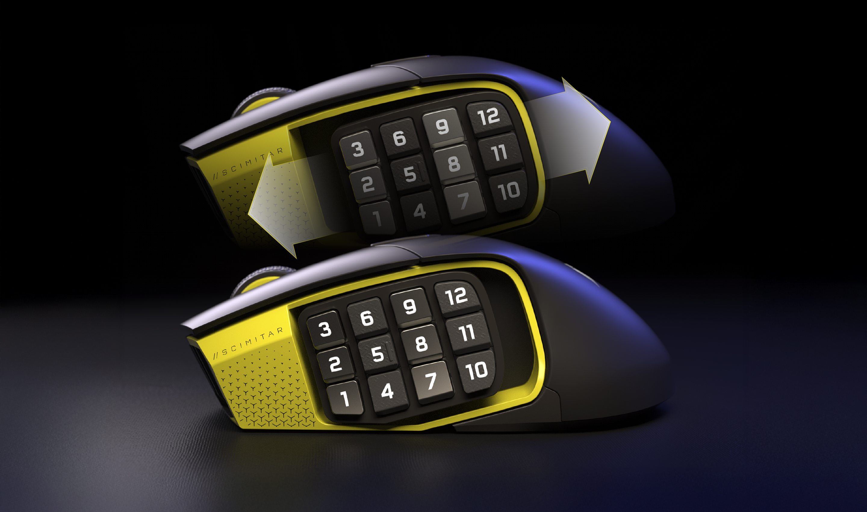 Corsair Scimitar Gaming-Maus mit verschiebbarem 12-Tasten-Seitenteil auf dunklem Hintergrund.