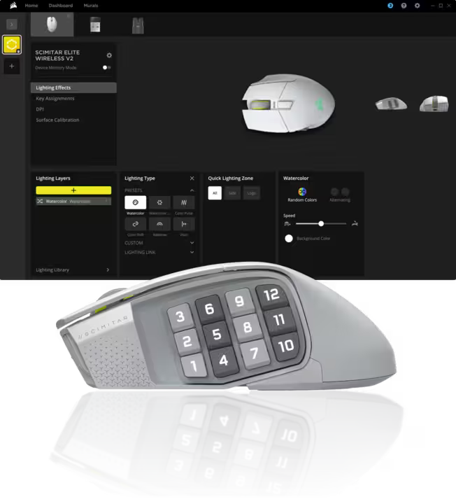 Corsair Scimilar Elite Wireless V2 Gaming-Maus mit 12-Tasten-Seitengitter und Software-Interface im Hintergrund