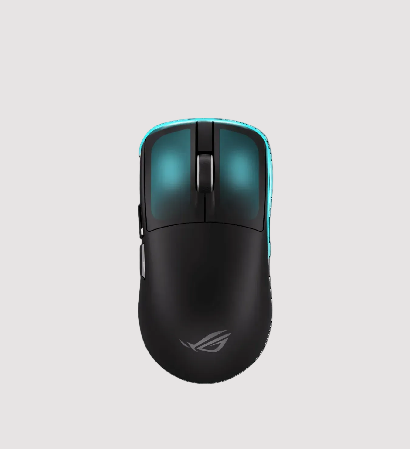Schwarze ASUS ROG Gaming-Maus mit türkiser RGB-Beleuchtung und Scrollrad von oben betrachtet