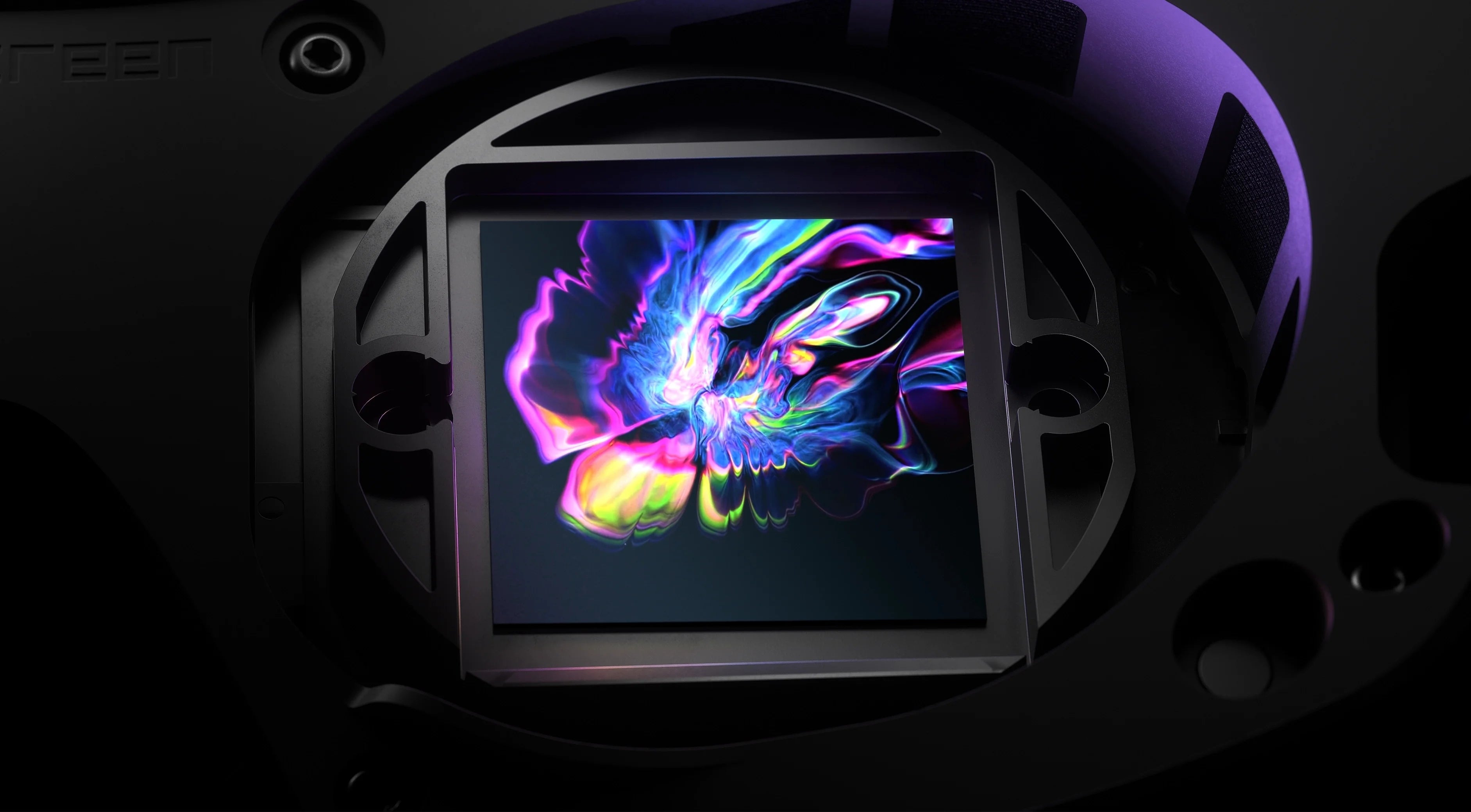 Nahaufnahme eines High-End Prozessors in VR-Hardware mit lebendiger, bunter Grafik auf dem Chip.