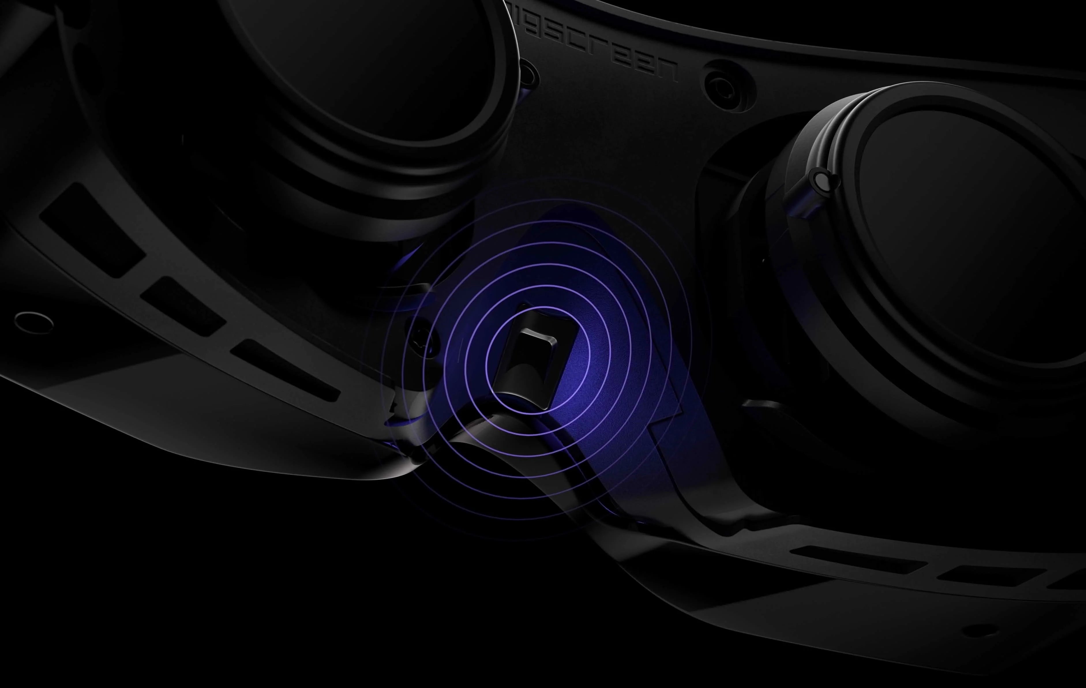 Nahaufnahme einer VR-Brille mit grafischer Darstellung von Audiosignalen zwischen den Linsen.