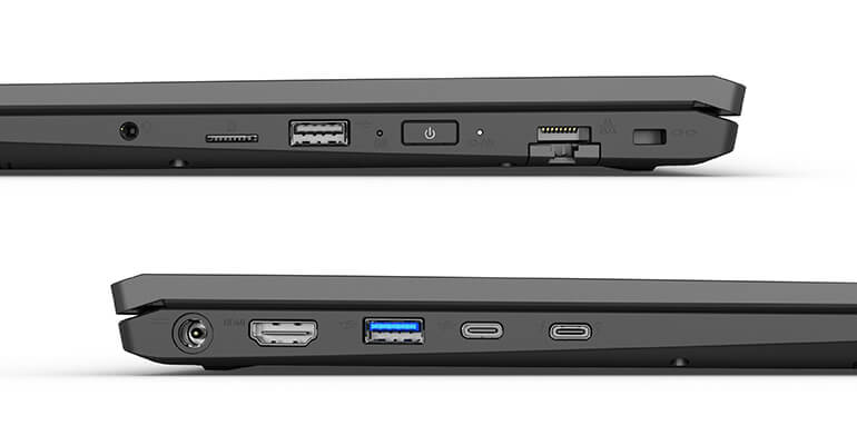 Detailaufnahme der linken und rechten Anschlussseiten eines schwarzen Gaming-Laptops mit USB-, HDMI- und Netzteil-Ports.