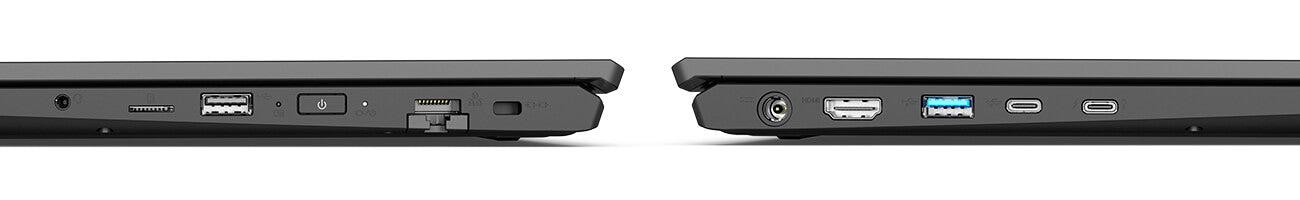 Detailansicht der linken und rechten Anschlussseiten eines Gaming-Laptops mit USB, HDMI und LAN.