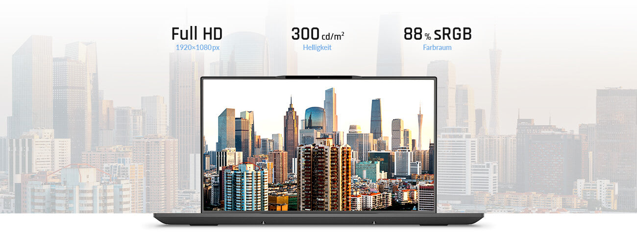 Laptop-Display mit Full HD Auflösung, 300 cd/m² Helligkeit und 88 % sRGB Farbraum vor einer Skyline.