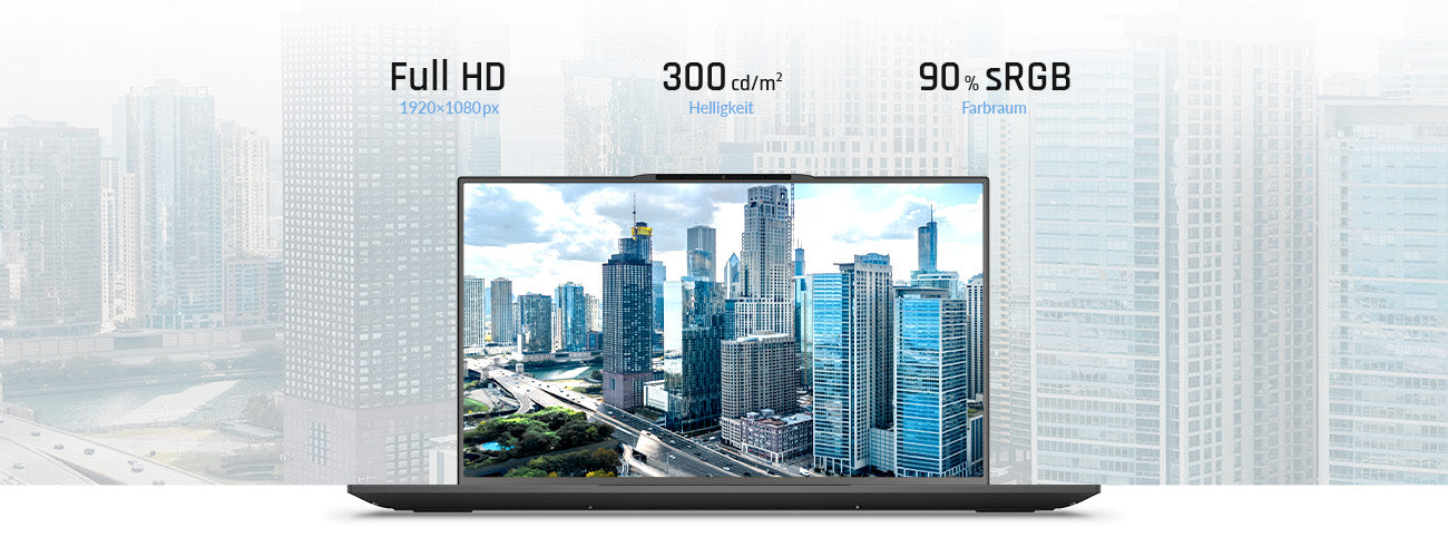 Laptop-Display mit Full-HD-Auflösung, 300 cd/m² Helligkeit und 90 % sRGB Farbraum vor einer Skyline